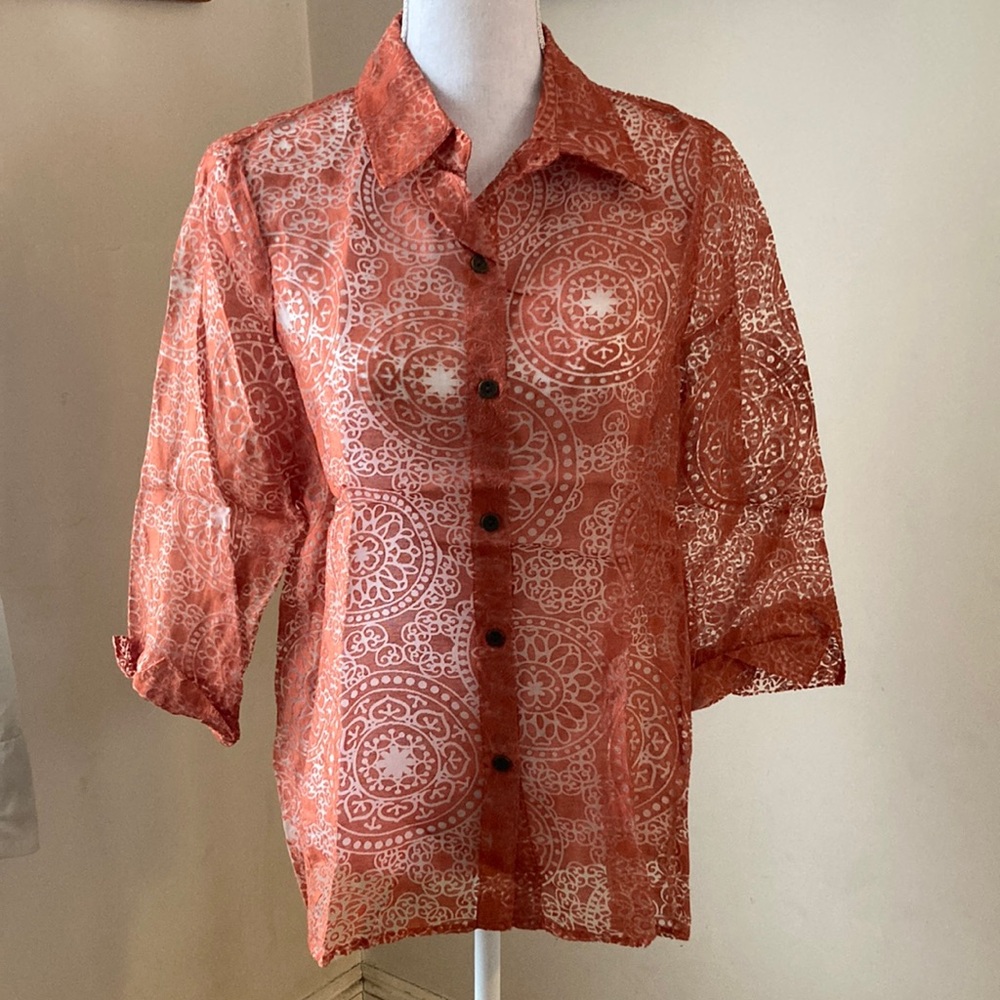 Sheer Lace Button-Up Top - Orange